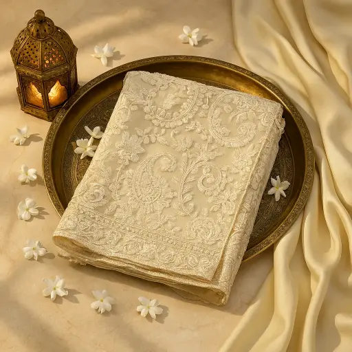 [54017001FZ75E2] Elegant Ivory Embroidered Net Saree with Intricate Sequins