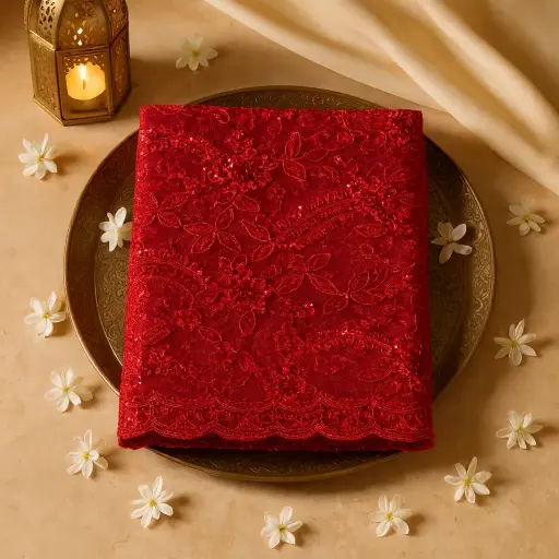 [54017001FZ76E2] Exquisite Red Designer Net Saree With Intricate Floral Embroidery