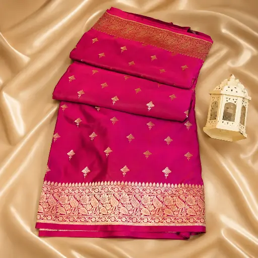 [96609001EP79E8] Fuchsia Pink Silk Saree with Gold Zari Floral Border & Buti Work