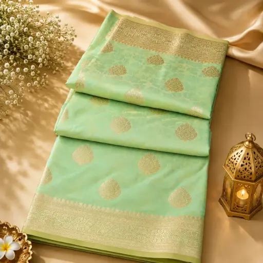 [29309001EA62E2] Sea Green Banarasi Silk Saree with Gold Zari Buta