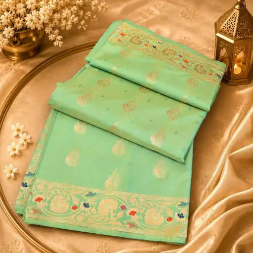 [29309001FB03D4] Sea Green Banarasi Silk Saree with Gold Zari Butta & Floral Border Elegant Festive Traditional Wear 