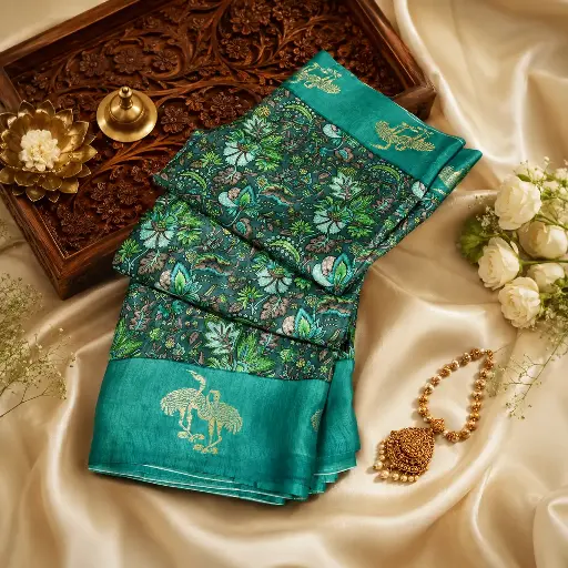 [74209001FO10E0] Teal Green Floral Printed Silk Blend Saree with Crane Motif Border