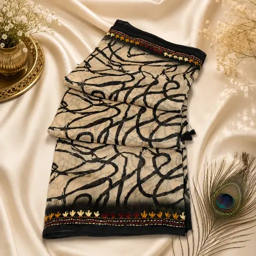 [74209001FO14E0] Elegant Beige & Black Abstract Printed Saree with Embroidered Border