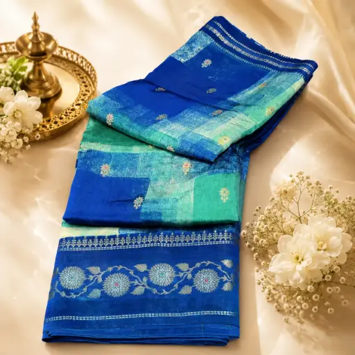 [74209001FO65E0] Royal Blue & Teal Silk Blend Saree with Floral Woven Border