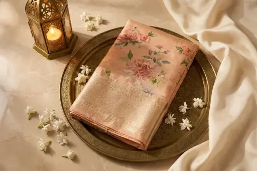 [74209001FQ29E1] Blush Peach Floral Silk Saree with Zari Border