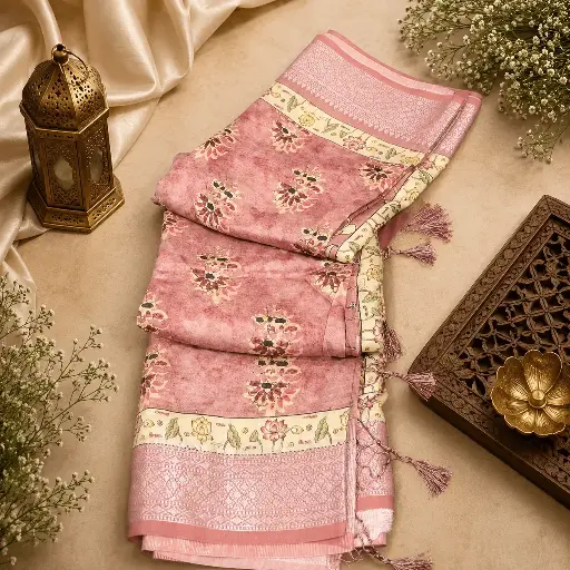 [74209001HF46B7] Dusty Rose Floral Printed Cotton Silk Saree with Elegant Zari Border