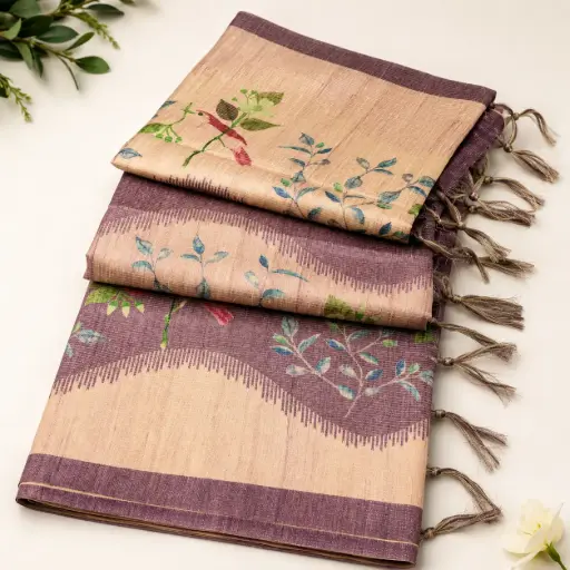 [74209001HF53B7] Beige Mauve Floral Printed Linen Look Saree with Tassels, Soft Woven Designer Ethnic Wear 