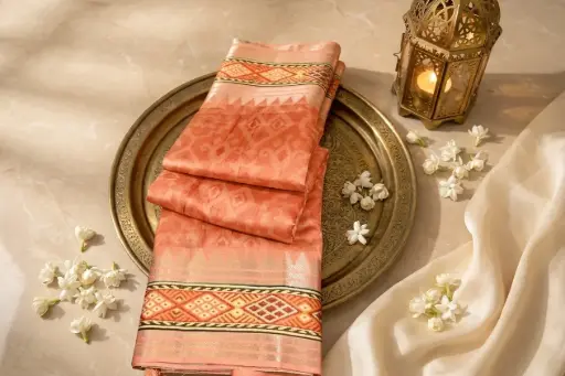 [74209001HF74B7] Peach Coral Slub Silk Saree with Mughal Art Pallu