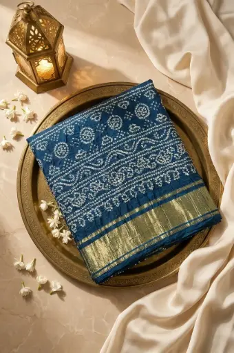 [59412001IK12A8] Peacock Blue Gajji Silk Bandhani Saree with Zari Checks