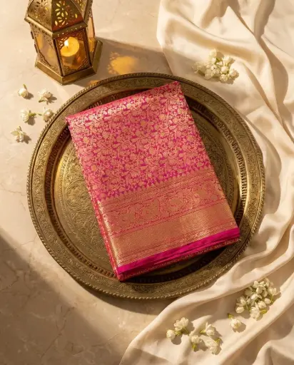 [67309001GR92D2] Magenta Pink Kanjivaram Silk Saree with Gold Zari Jaal