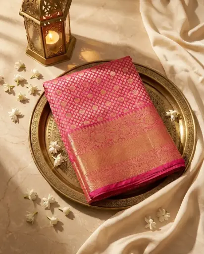 [67309001GR94D2] Rani Pink Pure Kanjivaram Silk Saree with Gold Zari