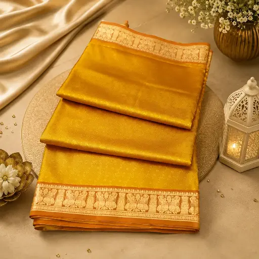 [85009001GE12C8] Olive Green Banarasi Silk Saree with Gold Zari Temple Border