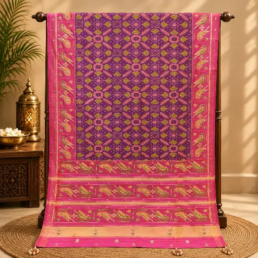 [03711001FX26E1] Purple Patola Saree with Geometric Motifs and Pink Bird Border