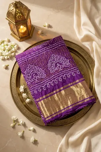 [59912001HM15D0] Royal Purple Bandhani Morpankh Saree with Gold Zari Border