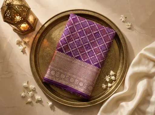 [59912002FI84D8] Deep Purple Pure Georgette Banarasi Bandhani Jangla Saree