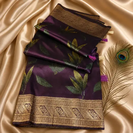 [28009001GC11C7] Royal Wine Purple Saree with Golden Zari Border, Leaf Motifs & Tassels