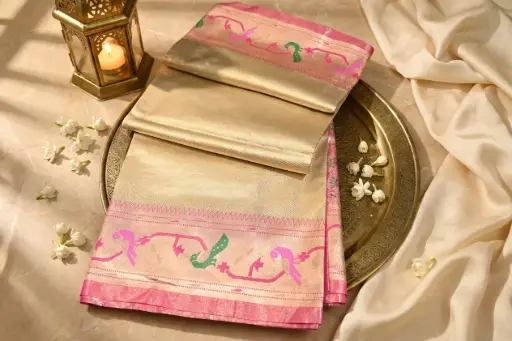 [84209011IP78C9] Golden Tissue Silk Saree with Rani Pink Meenakari Border