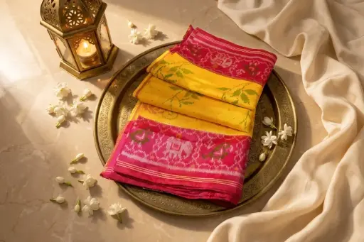 [95209001FV12E6] Yellow and Rani Pink Semi Patola Silk Saree