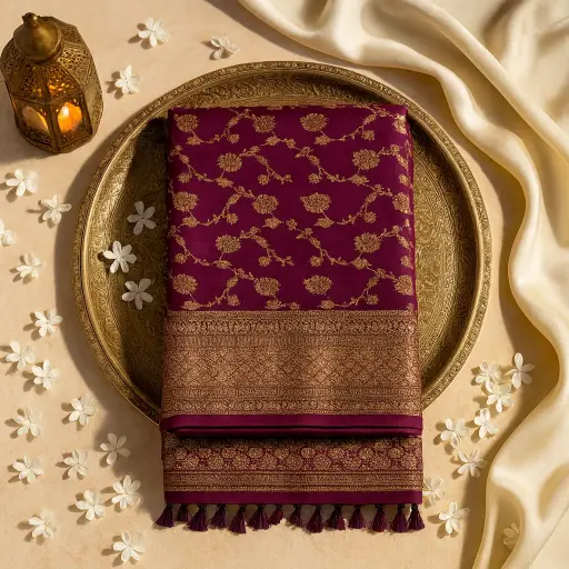[64509001HI23B7] Elegant Maroon Banarasi Silk Saree with Traditional Zari Floral Work