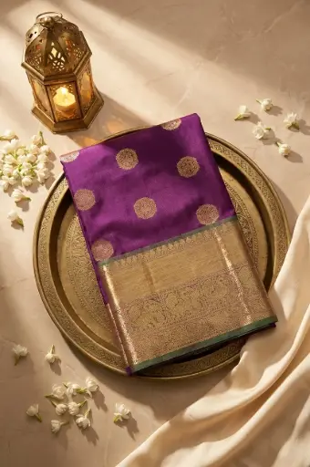 [64509001HT28C1] Magenta Kanjivaram Pure Silk Saree with Gold Zari Pallu