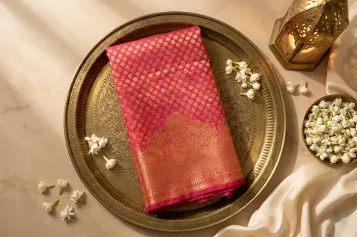 [64509001HT58C1] Rani Pink Pure Silk Handwoven Zari Brocade Saree
