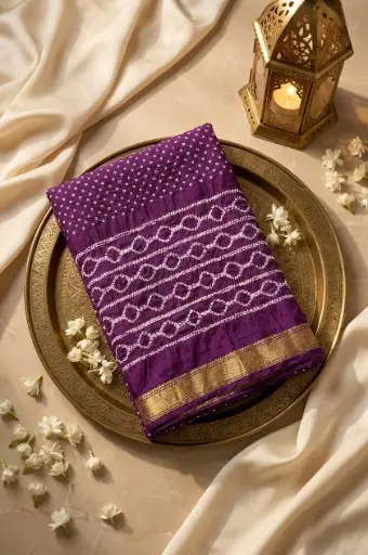 [94412001EB14E3] Royal Purple Gaji Silk Bandhani Saree with Zari Border