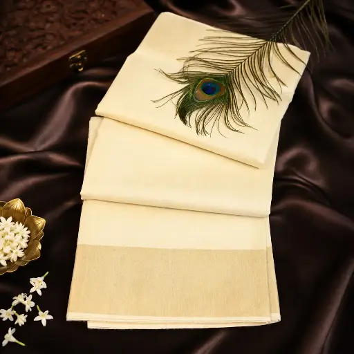 [63109001EC20E3] Elegant Off White Kerala Kasavu Tissue Silk Saree with Golden Zari Border