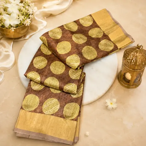 [80509001HL47B8] Brown & Beige Printed Silk Blend Saree with Gold Circular Motifs