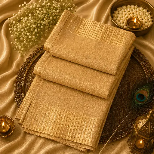 [74409001FQ27E0] Cream Gold Banarasi Silk Saree with Elegant Woven Border & Rich Texture