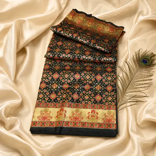 [74409011HH91B7] Black Banarasi Silk Saree with Red Floral Motifs, Gold Border & Peacock Feather 