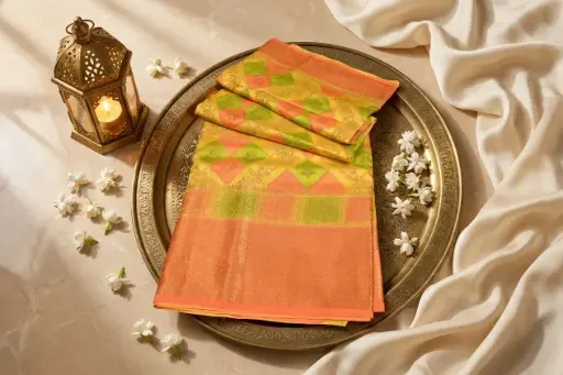 [50609001OK9657] Mustard Yellow Geometric Weave Silk Saree with Zari Border