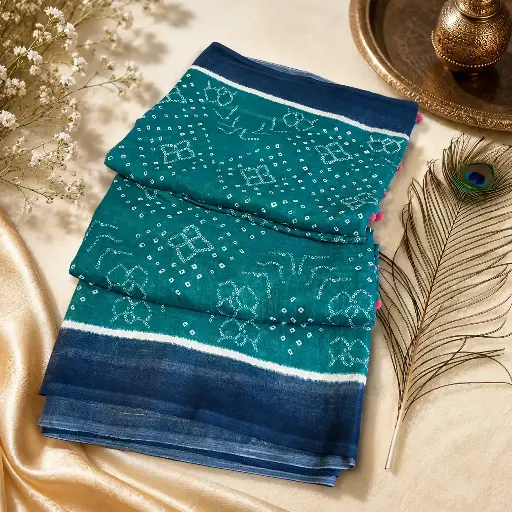 [02017001FI33D7] Elegant Teal Blue Bandhani Cotton Saree with Indigo Border