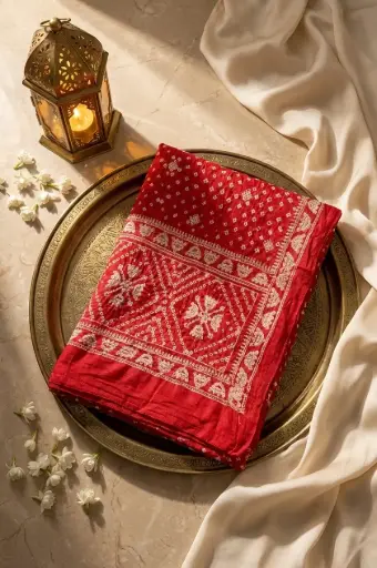 [83112001EG00E3] Crimson Red Bandhani Silk Saree with Zari Pallu