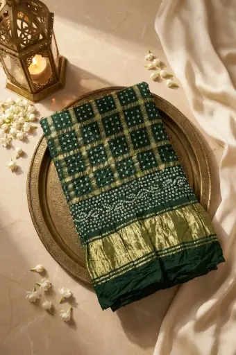 [83112001EL49E6] Bottle Green Crinkled Georgette Bandhani Saree with Zari