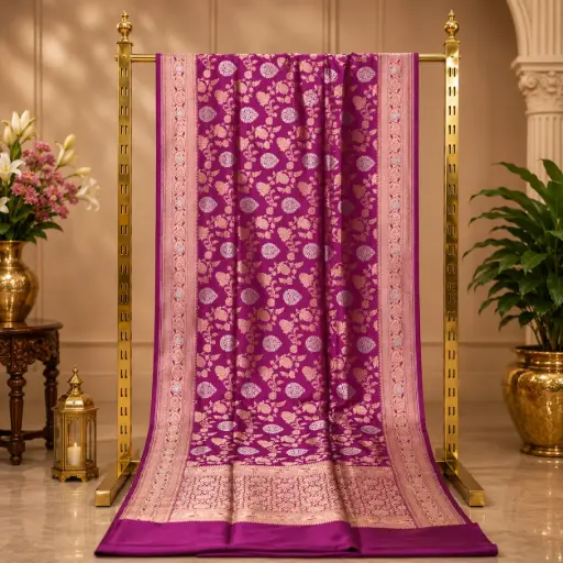 [74809001FQ24E0] Magenta Purple Woven Saree with Gold Floral Motifs and Ornate Zari Border