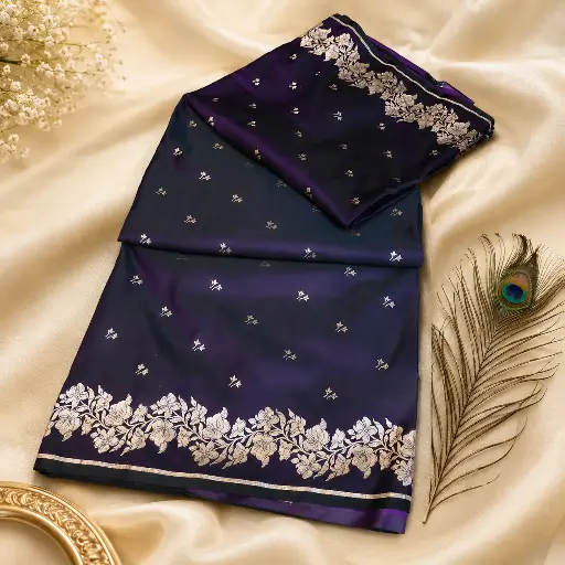 [75209001EB27E3] Elegant Deep Purple Silk Blend Saree with Silver Floral Zari Border & Buti Work