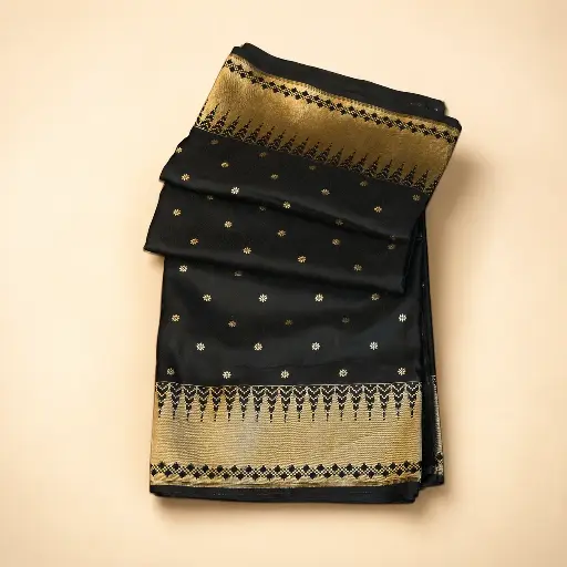 [75209001EK65E5] Elegant Black Saree with Rose Gold Floral Embroidered Border and Tassel Pallu
