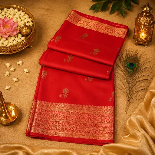 [75209001EK66E5] Elegant Coral Red Banarasi Silk Saree with Golden Zari Border and Butta Work