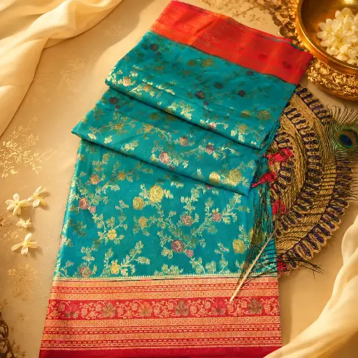 [75209002EB29E4] Elegant Turquoise Banarasi Silk Saree with Floral Zari Weave & Pink Contrast Border