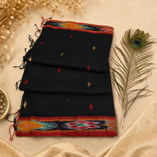 [75209002ED37E3] Elegant Black Handloom Cotton Saree with Ikat Border & Traditional Woven Motifs