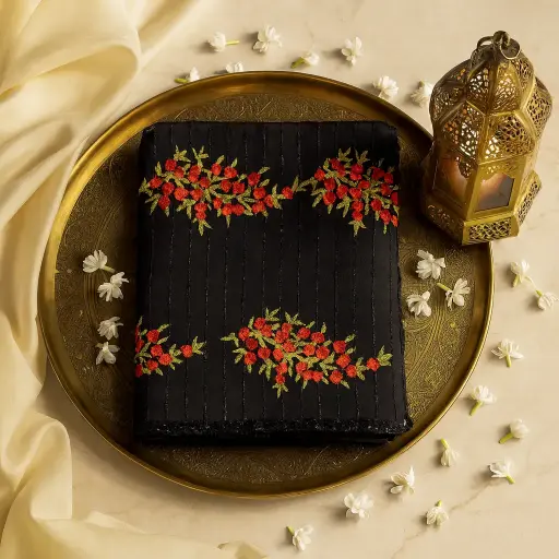 [79713001HA31B7] Elegant Black Embroidered Designer Saree with Floral Motifs