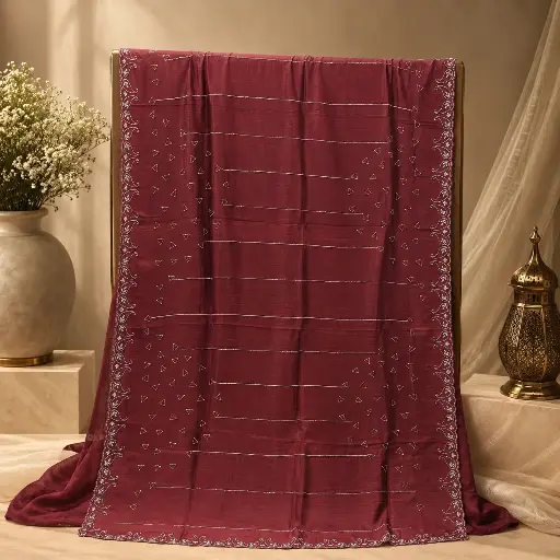 [79713013HA61B7] Wine Embellished Saree with Subtle Striped Design and Sequins for Festive Party Wear Look