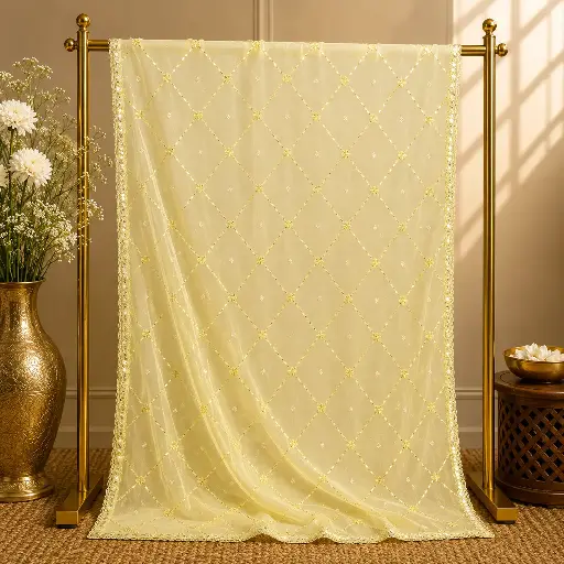 [79713013HA62B7] Pastel Yellow Sheer Dupatta with Mirror Lattice, Floral Accents and Delicate Border