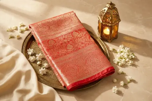 [86609001GN46D0] Regal Crimson Red Banarasi Silk Saree in Gold Zari