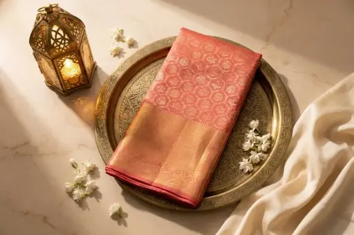 [85809001ZG84C8] Coral Pink Pure Silk Saree with Gold Zari Weave