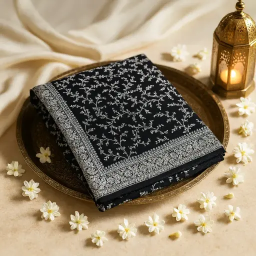 [42317001FM44E0] Elegant Black Embroidered Designer Saree with Silver Accents