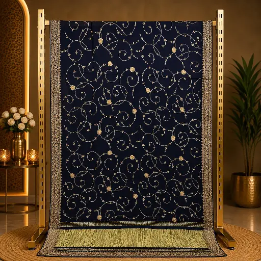 [01613001HJ17B7] Elegant Navy Blue Saree with Gold Floral Vine Embroidery and Ornate Metallic Border