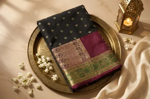 [49809001OJ9757] Black and Magenta Banarasi Silk Saree with Zari Weave