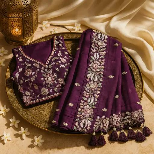 [77417001UA79B9] Elegant Deep Purple Designer Saree with Floral Embroidery