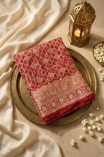 [59812001GU13D2] Crimson Red Handwoven Banarasi Khaddi Georgette Bandhani Saree
